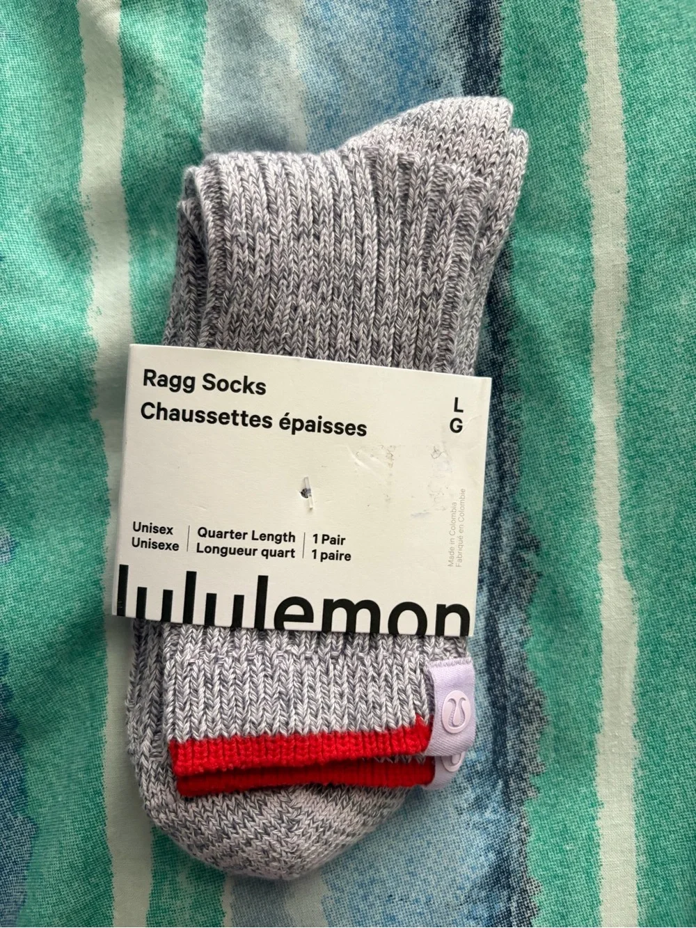 lululemon athletica  Unisex Ragg Quarter Socks - Light Gray with Red Sz Large